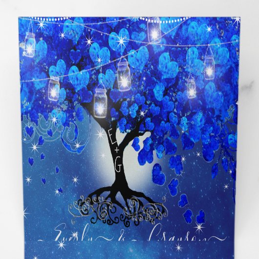 オールインワン王室のブルーのハート結婚リーフ 三つ折り招待状 (内部最初)