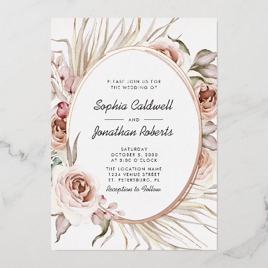 オールインワン結婚のフローラ実在バラ金ゴールド 箔招待状 (正面)