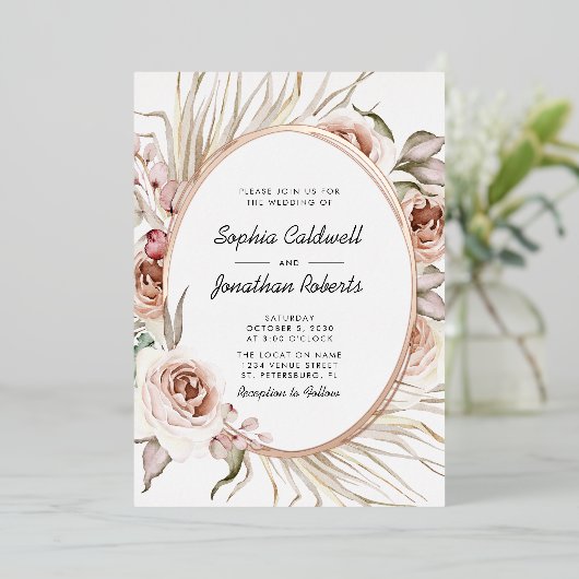 オールインワン結婚のフローラ実在バラ金ゴールド 箔招待状 (立ち正面)