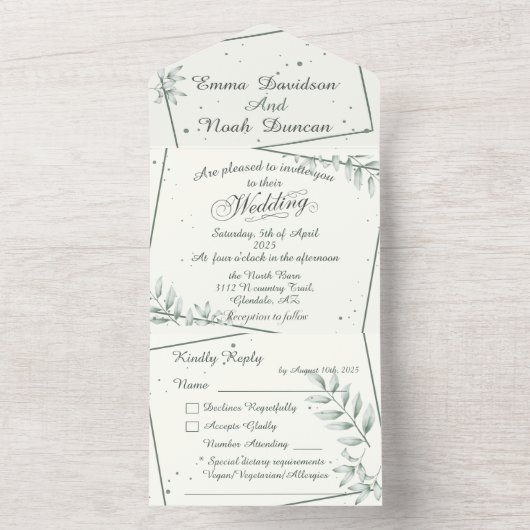 オールインワン結婚式招待状とRSVPグリーンリーフ オールインワン招待状 (内側)