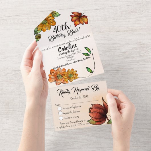 オールインワン誕生日招待状フローラ水彩 オールインワン招待状 (貼ってはがせる)