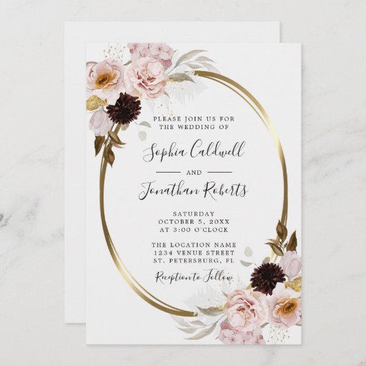 オールインワン赤面ピンクローズ金ゴールドフレーム結婚ズ 招待状 (正面/裏面)