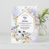 オールインワン金ゴールドジオメトリックパープル結婚フローラ 招待状 (スタンド正面)