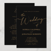 オールインワン金ゴールド書道エレガントブラック結婚ズ 招待状 (正面/裏面)