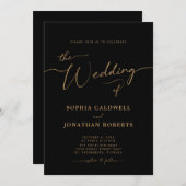 オールインワン金ゴールド書道エレガントブラック結婚ズ 招待状 (正面/裏面)