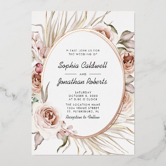 オールインワン ウェディング ボヘミア フラワー リアル ローズゴールド 箔招待状 (正面)