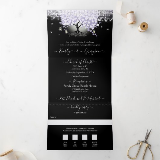 オールインワン エレガント ラベンダー パープル ハート リーフ ウェディング 三つ折り招待状 (内部)