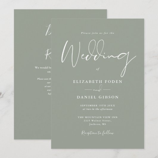 オールインワン セージグリーン QR コード ウェディング 招待状 (正面/裏面)