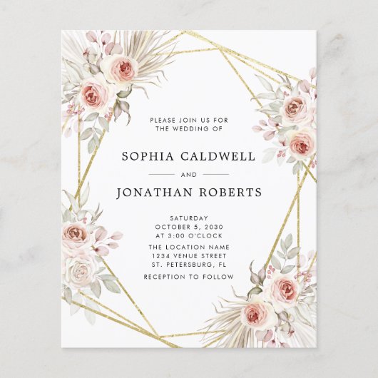 オールインワン ピンク フラワー ゴールド ウェディング 招待状 (正面)