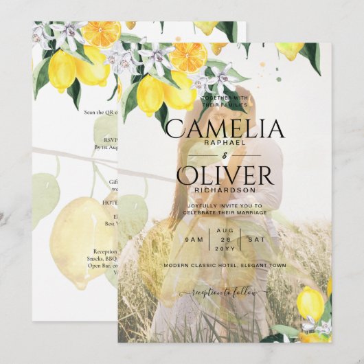 オールインワン フォトオーバーレイ レモン ウェディング インビテ QR 招待状 (正面/裏面)