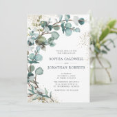 オールインワン ユーカリ ゴールド グリッター ウェディング 招待状 (スタンド正面)