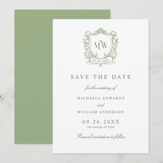 オールインワン ヴィンテージ クレスト モノグラム QR コード ウェディング セーブザデート (正面/裏面)