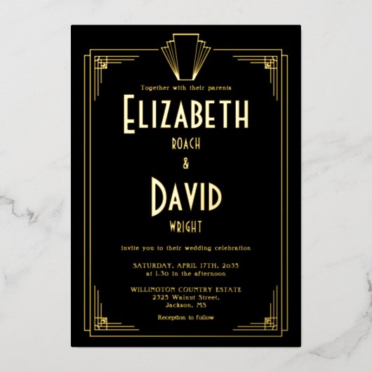 オールインワン 1920年代 アートデコ ウェディング ブラック ゴールド 箔招待状 (正面)