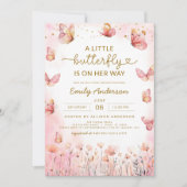 オールインワンQRコードガールピンクバタフライベビーシャワー 招待状 (正面)