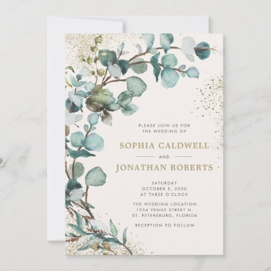 オールインワンQRコードユーカリ金ゴールドグリッター結婚 招待状 (正面)