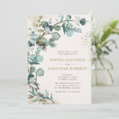 オールインワンQRコードユーカリ金ゴールドグリッター結婚 招待状 (スタンド正面)