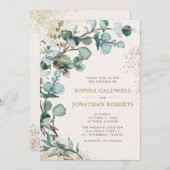 オールインワンQRコードユーカリ金ゴールドグリッター結婚 招待状 (正面/裏面)