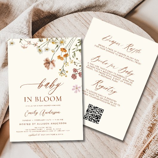 オールインワンQRコードワイルドフラワーベビー開花シャワー 招待状