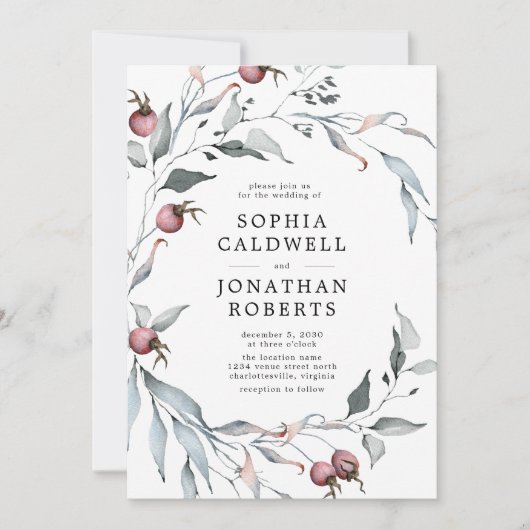 オールインワンQRコード冬の果実の緑結婚色 招待状 (正面)