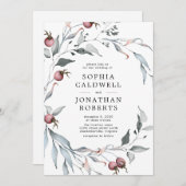 オールインワンQRコード冬の果実の緑結婚色 招待状 (正面/裏面)