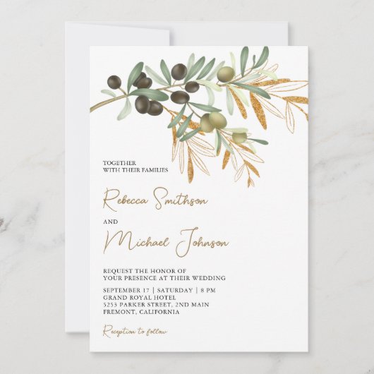 オールインワンQRコード結婚式のラスティックオリーブの葉 招待状 (正面)