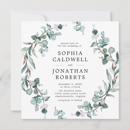 オールインワンQRコードEucalyptus Greenery 結婚's 招待状 (正面)