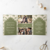 オールイ葉ンインディアンのオリーブ結婚グリーン 三つ折り招待状 (内部)