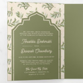 オールイ葉ンインディアンのオリーブ結婚グリーン 三つ折り招待状 (内部最初)