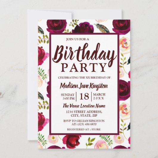 オールエイジズブルゴーニュフラワーズバースデーパーティー招待状 招待状 (正面)