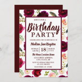 オールエイジズブルゴーニュフラワーズバースデーパーティー招待状 招待状 (正面/裏面)
