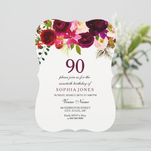 オールエイジブルガンディーレッドフローラ90th誕生日招待状 招待状 (スタンド正面)