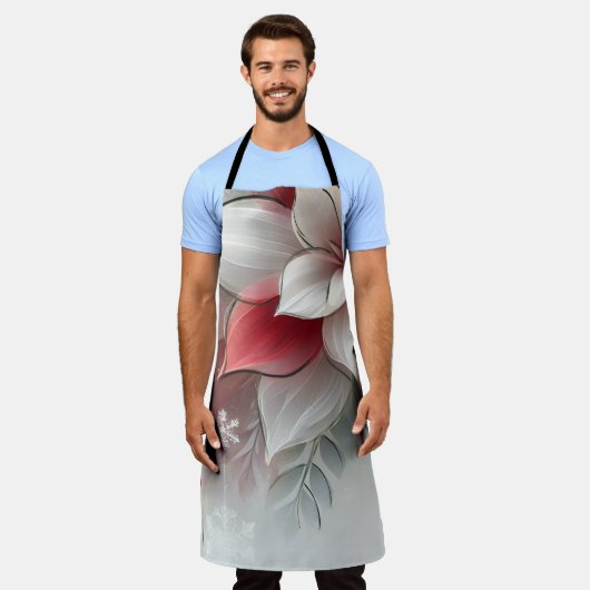 オールオーバークリスマスフラワープリントエプロン、中 エプロン (着用した状態)