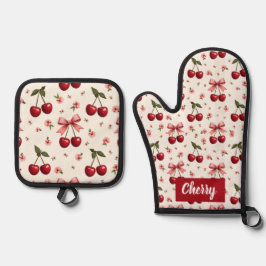 オールオーバープリントさくらんぼとボウ 鍋つかみ&鍋敷きセット
