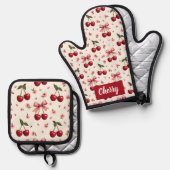 オールオーバープリントさくらんぼとボウ 鍋つかみ&鍋敷きセット (正面/裏面)