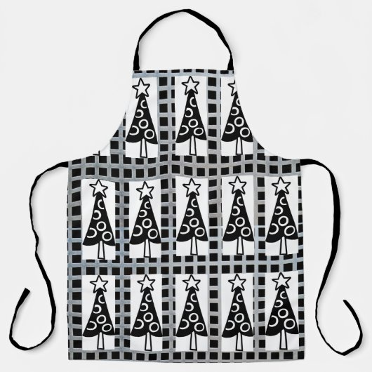 オールオーバープリントエプロンクリスマスツリーブラック&ホワイト エプロン (正面)