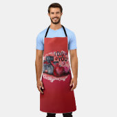 オールオーバーレッド私は掘るバレンタインのキッチンエプロン エプロン (着用した状態)