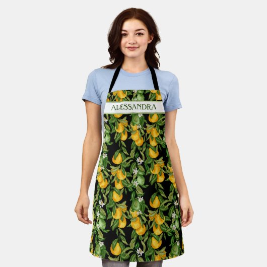 オールオーバーレモン柄のキッチパーソナライズされたン エプロン (着用した状態)