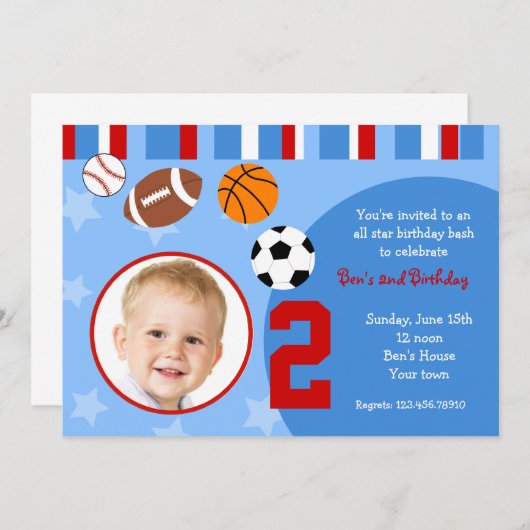 オールスターのスポーツの写真の誕生日の招待状 招待状 (正面/裏面)