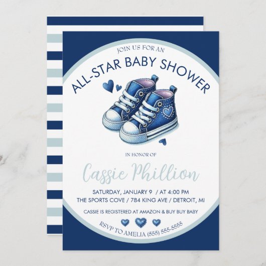 オールスターの赤ちゃんシャワー、ブルーハイトップスニーカー 招待状 (正面/裏面)