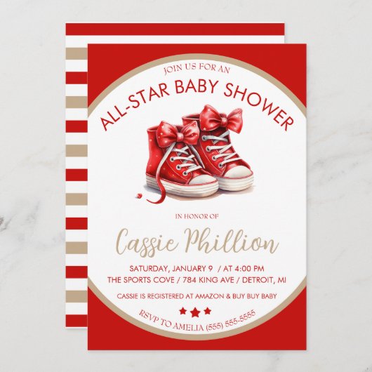 オールスターの赤ちゃんシャワー、赤いハイトップスニーカー 招待状 (正面/裏面)