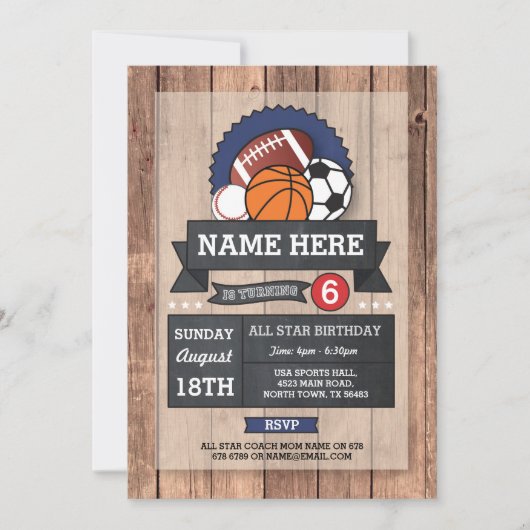 オールスタースポーツサッカーラグビーバスケットボール誕生日 招待状 (正面)