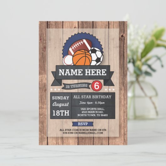 オールスタースポーツサッカーラグビーバスケットボール誕生日 招待状 (スタンド正面)