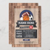 オールスタースポーツサッカーラグビーバスケットボール誕生日 招待状 (正面/裏面)