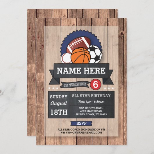 オールスタースポーツサッカーラグビーバスケットボール誕生日 招待状 (正面/裏面)