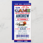 オールスタースポーツチケット誕生日パーティーの招待 招待状 (正面/裏面)