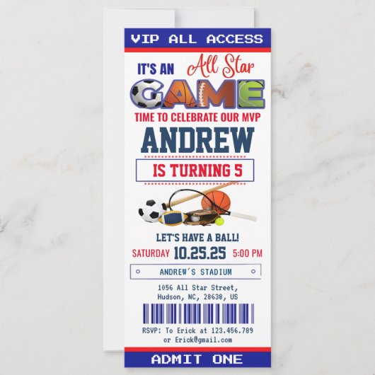 オールスタースポーツチケット誕生日パーティーの招待 招待状 (正面)