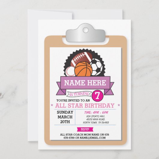 オールスタースポーツパーティーピンクガールズ誕生日招待状 招待状 (正面)