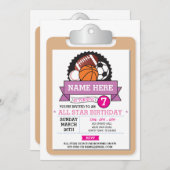 オールスタースポーツパーティーピンクガールズ誕生日招待状 招待状 (正面/裏面)