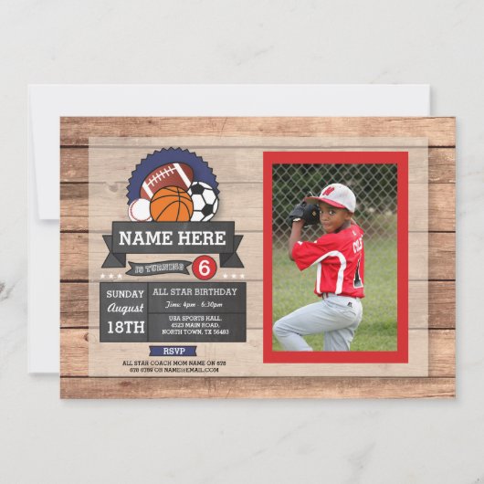 オールスタースポーツフォトサッカーバスケットボール誕生日 招待状 (正面)