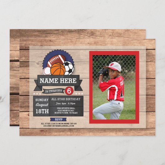 オールスタースポーツフォトサッカーバスケットボール誕生日 招待状 (正面/裏面)